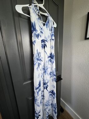 Tommy BAHAMA Blue and White Palm Print Iinen Halter Maxi Dress